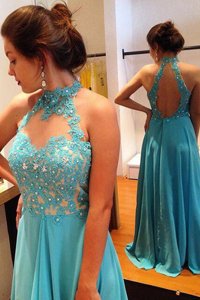 Spectacular Scoop Chiffon Sleeveless Evening Dress Sweep Train and Beading and Appliques