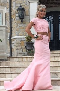 Mermaid Rose Pink Satin Backless Scoop Sleeveless Prom Dresses Sweep Train Ruching