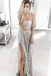 Colorful Satin Strapless Sleeveless Sweep Train Lace Up Beading Evening Outfits in Grey
