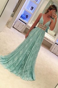 Best Lace Apple Green Prom Dresses V-neck Sleeveless Sweep Train Zipper