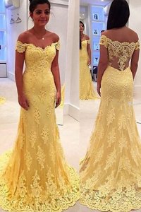 Comfortable Yellow Lace Side Zipper Off The Shoulder Sleeveless With Train Evening Dress Brush Train Lace
