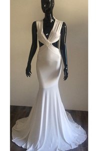 Mermaid White Homecoming Dress Prom and Party and For with Ruching V-neck Sleeveless Brush Train Backless