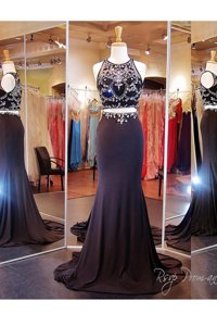 Stunning Scoop Beading and Appliques Prom Dress Black Zipper Sleeveless With Brush Train