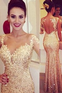 Exquisite Mermaid Gold Backless Sweetheart Lace and Appliques and Sequins Dress for Prom Tulle Long Sleeves