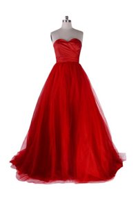 Red Zipper Sweetheart Ruching Evening Wear Satin and Tulle Sleeveless Sweep Train