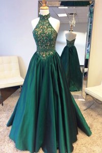 Classical Halter Top A-line Sleeveless Teal Dress for Prom Sweep Train Zipper