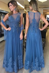 Fashionable Scoop Blue Sleeveless Beading and Appliques Floor Length Prom Dress