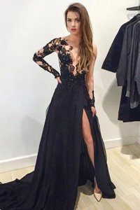 Captivating Black Tulle Zipper Homecoming Dress Long Sleeves Brush Train Lace and Appliques