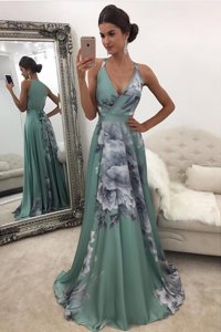 Cheap V-neck Sleeveless Sweep Train Zipper Homecoming Dress Green Chiffon and Printed