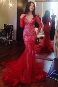 Decent Mermaid Red V-neck Neckline Beading and Lace Evening Dresses Long Sleeves Zipper
