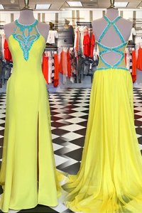 Scoop Sleeveless Elastic Woven Satin Prom Party Dress Beading Sweep Train Backless