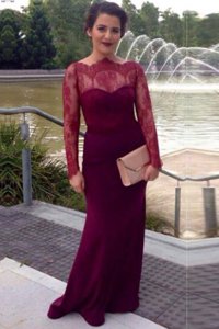 Dramatic Brush Train Column/Sheath Mother Of The Bride Dress Fuchsia Scalloped Elastic Woven Satin Long Sleeves With Train Clasp Handle