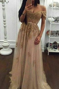 Off The Shoulder Short Sleeves Sweep Train Zipper Prom Dresses Champagne Tulle