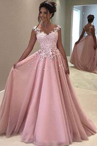 With Train A-line Sleeveless Pink Prom Evening Gown Sweep Train Zipper