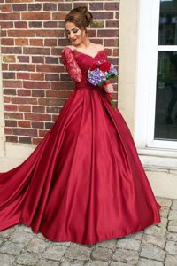 Off the Shoulder Long Sleeves Sweep Train Zipper With Train Appliques Prom Dresses