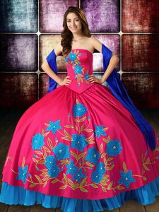 Delicate Multi-color Lace Up Strapless Embroidery 15th Birthday Dress Taffeta Sleeveless