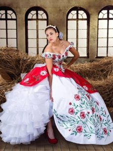 Delicate Off the Shoulder Cap Sleeves Lace Up Floor Length Embroidery and Ruffled Layers Quinceanera Dresses