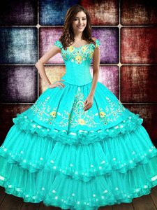 Turquoise Lace Up Off The Shoulder Embroidery and Ruffled Layers Quinceanera Gown Organza Sleeveless