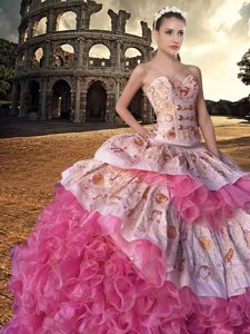 Hot Selling Organza Sweetheart Sleeveless Court Train Lace Up Embroidery and Ruffles Sweet 16 Dresses in Pink And White