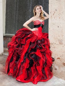 Dazzling Black and Red Lace Up Sweetheart Beading and Ruffles Quinceanera Dress Organza Sleeveless