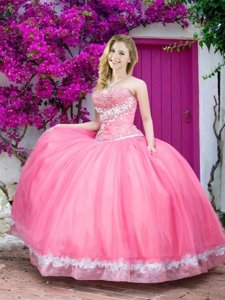Excellent Rose Pink Tulle Lace Up Sweet 16 Quinceanera Dress Sleeveless Floor Length Beading and Appliques