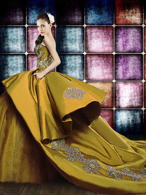 Excellent Sleeveless Satin and Sequined Court Train Lace Up Sweet 16 Dress in Olive Green for with Appliques