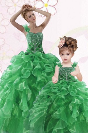 Chic Green Ball Gowns One Shoulder Sleeveless Organza Floor Length Lace Up Beading and Ruffles Quinceanera Dresses