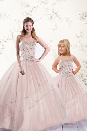 Baby Pink Sweetheart Neckline Beading Quince Ball Gowns Sleeveless Lace Up