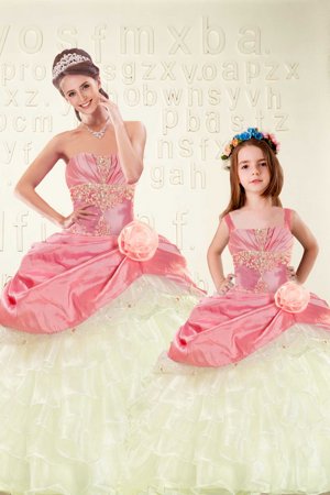 Sweetheart Sleeveless Organza and Taffeta Quinceanera Gowns Beading and Ruffled Layers and Hand Made Flower Lace Up