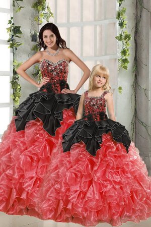 Vintage Red And Black Quinceanera Dresses Military Ball and Sweet 16 and Quinceanera and For with Beading and Ruffles Sweetheart Sleeveless Lace Up