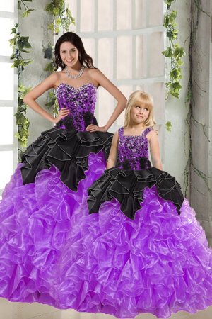 Black And Purple Ball Gowns Sweetheart Sleeveless Organza Floor Length Lace Up Beading and Ruffles Quinceanera Gowns