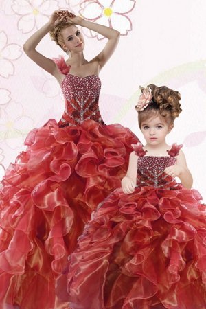 Chic One Shoulder Coral Red Sleeveless Organza Lace Up Sweet 16 Dress for Military Ball and Sweet 16 and Quinceanera