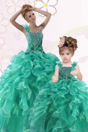 One Shoulder Beading and Ruffles 15 Quinceanera Dress Turquoise Lace Up Sleeveless Floor Length