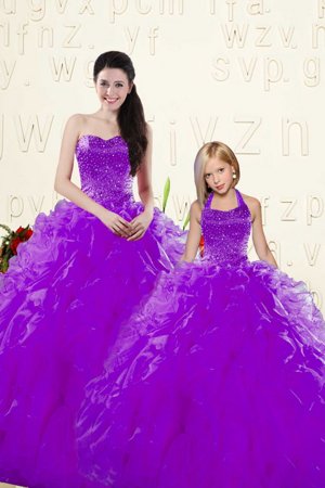 Floor Length Eggplant Purple Sweet 16 Dress Organza Sleeveless Beading and Ruffles