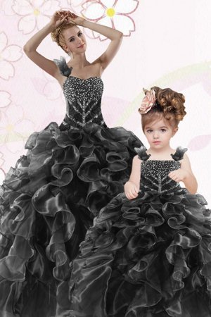 Graceful Organza One Shoulder Sleeveless Lace Up Beading and Ruffles Quinceanera Gown in Black