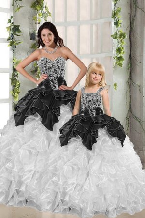 Ball Gowns Quinceanera Gown White and Black Sweetheart Organza Sleeveless Floor Length Lace Up