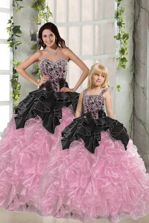 Pink And Black Sweetheart Lace Up Beading and Ruffles Quinceanera Dresses Sleeveless