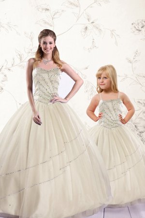 Champagne Tulle Lace Up Sweetheart Sleeveless Floor Length Vestidos de Quinceanera Beading