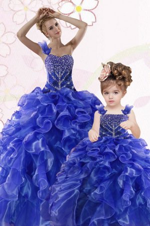 Affordable Ball Gowns 15 Quinceanera Dress Royal Blue One Shoulder Organza Sleeveless Floor Length Lace Up