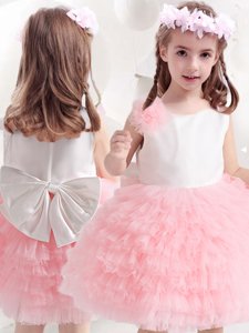 Sweet Scoop Ruffled Knee Length Ball Gowns Sleeveless Pink And White Flower Girl Dresses Side Zipper