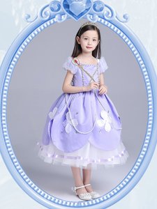 Admirable Square Short Sleeves Zipper Tea Length Beading and Appliques Flower Girl Dresses