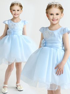 Scoop Cap Sleeves Zipper Mini Length Appliques and Bowknot and Hand Made Flower Flower Girl Dresses