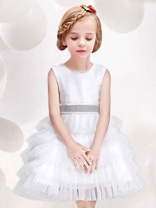 Scoop White Zipper Flower Girl Dresses for Less Ruffled Layers and Sequins and Bowknot Sleeveless Mini Length
