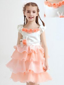 Charming Peach A-line Scoop Cap Sleeves Organza Knee Length Zipper Ruffled Layers and Hand Made Flower Toddler Flower Girl Dress