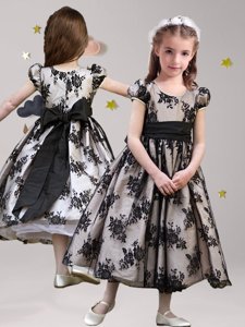 Charming Black Lace Zipper Scoop Short Sleeves Tea Length Flower Girl Dress Sashes|ribbons