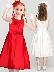 Inexpensive Scoop Red Sleeveless Satin Clasp Handle Toddler Flower Girl Dress for Party and Quinceanera and Wedding Party