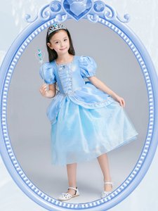 Square Tea Length A-line Short Sleeves Light Blue Flower Girl Dresses Zipper