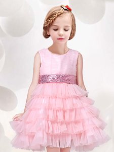 Top Selling Baby Pink A-line Tulle Scoop Sleeveless Ruffled Layers and Sequins and Bowknot Mini Length Zipper Toddler Flower Girl Dress