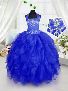 Royal Blue Halter Top Neckline Appliques and Ruffles Juniors Party Dress Sleeveless Lace Up