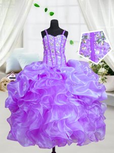Admirable Spaghetti Straps Sleeveless Teens Party Dress Floor Length Beading and Ruffles Eggplant Purple Organza